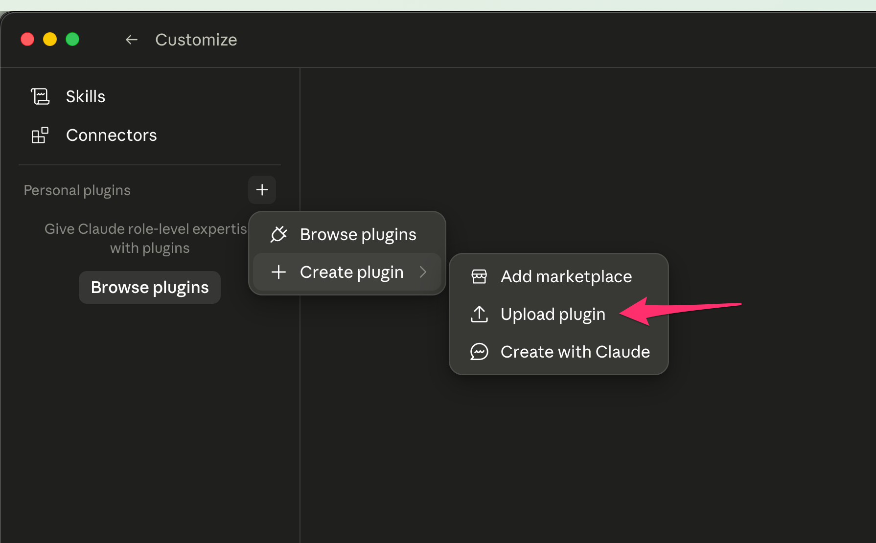Customize panel with + menu open, showing Create plugin → Upload plugin