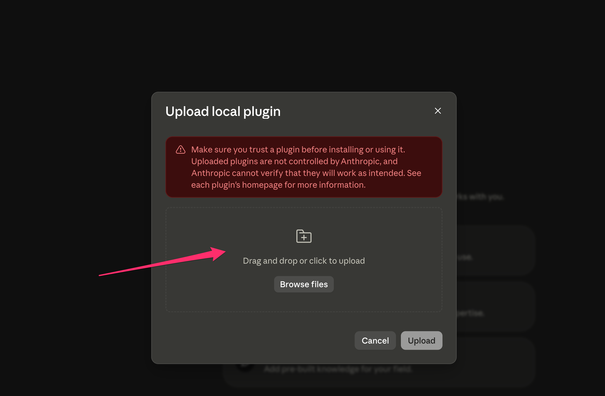 Upload local plugin dialog with drag-and-drop zone